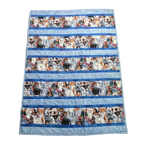 Handmade Cat Kitten Motif Quilt Blue Colors Cat Design Quilting 52"x38" - Picture 9 of 10